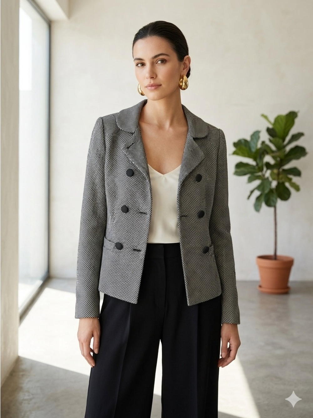 Massimo Dutti Black & White Wool Silk Tweed Double Breasted Blazer - US 6 (38)